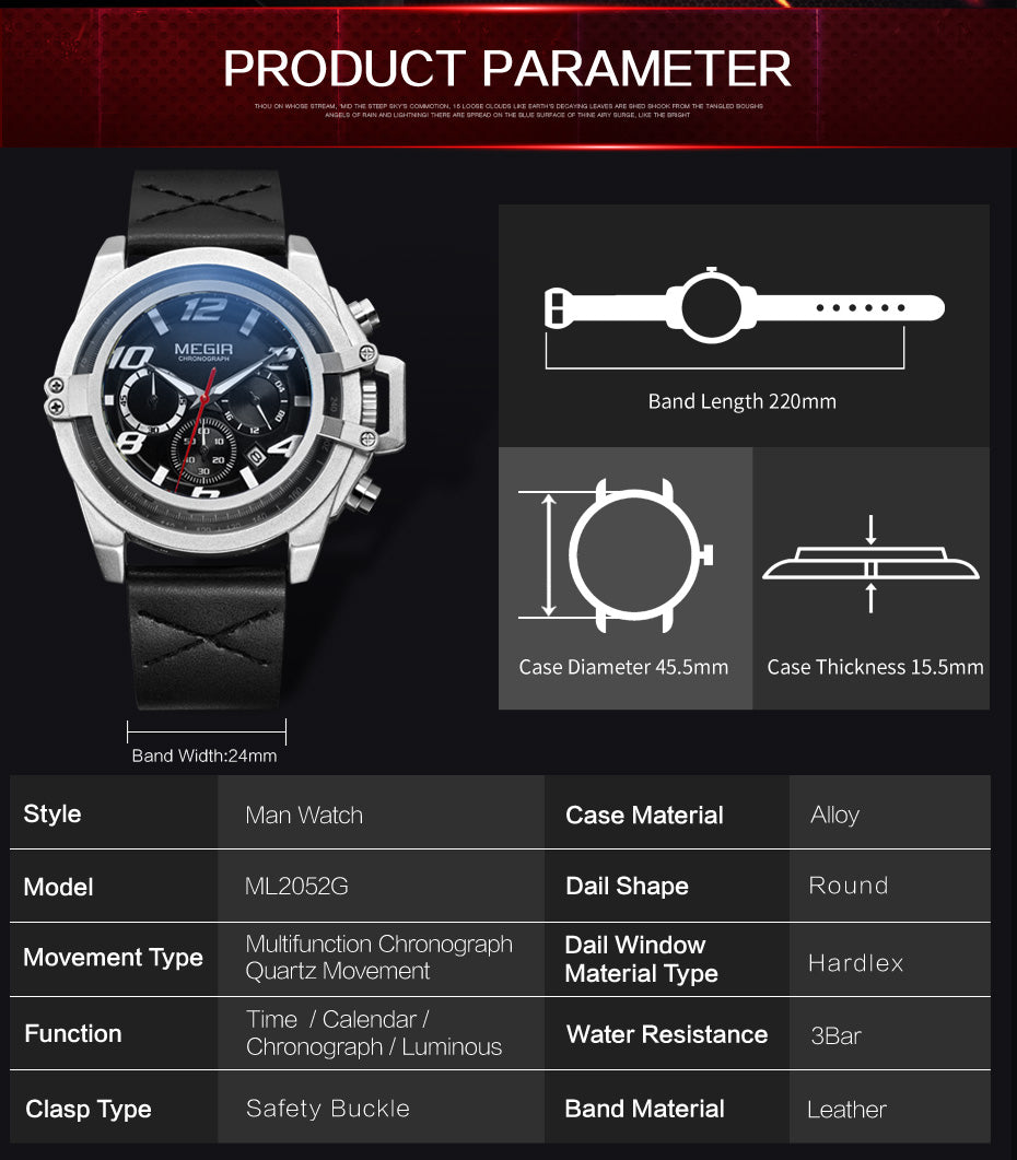 MEGIR Fashion Men Watches Leather Strap Sport Watch Chronograph Waterproof Quartz Wristwatch Clock Relogio Masculino 2052