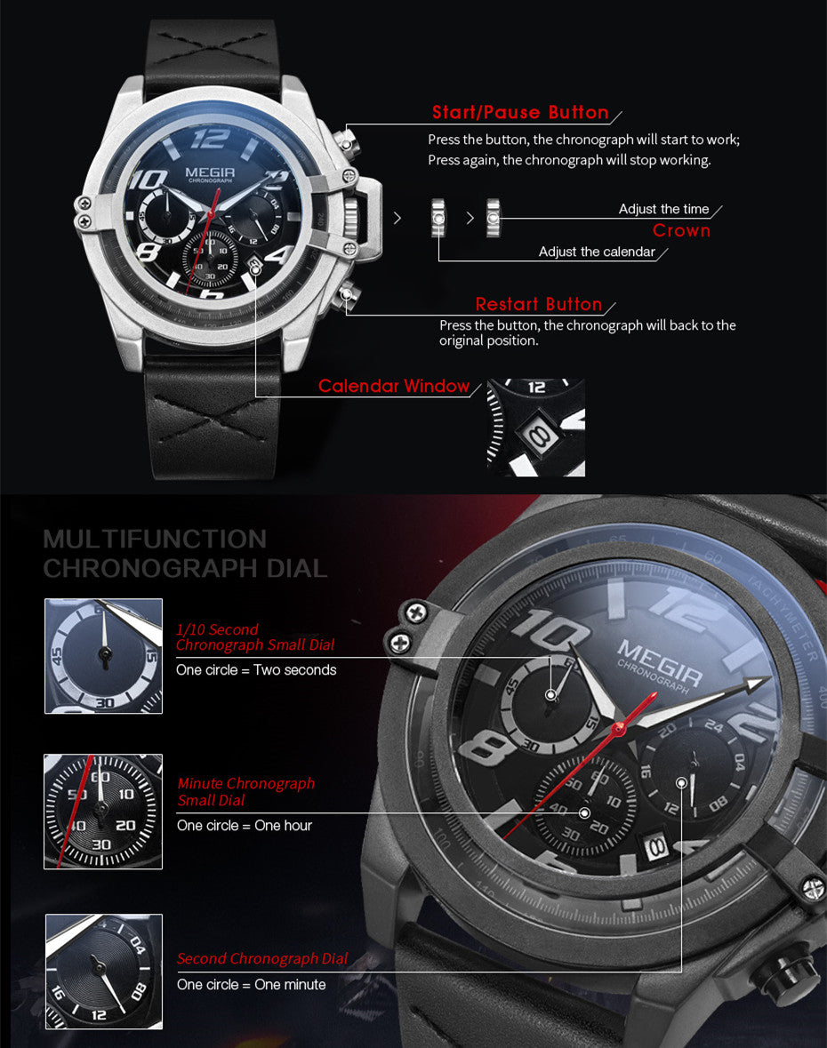MEGIR Fashion Men Watches Leather Strap Sport Watch Chronograph Waterproof Quartz Wristwatch Clock Relogio Masculino 2052