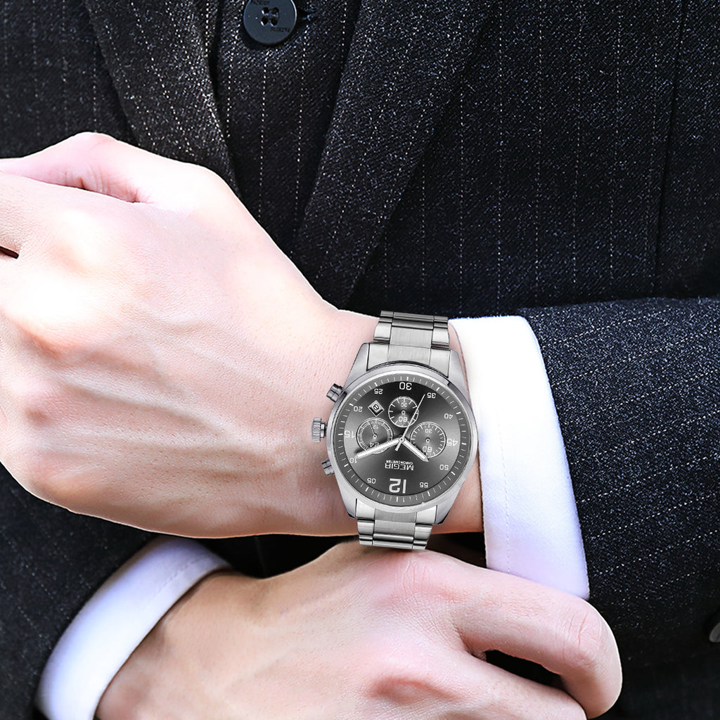 MEGIR Fashion Men Watches Stainless Steel Strap Business Wristwatch Waterproof Date Quartz Man Clock Relogio Masculino 2010