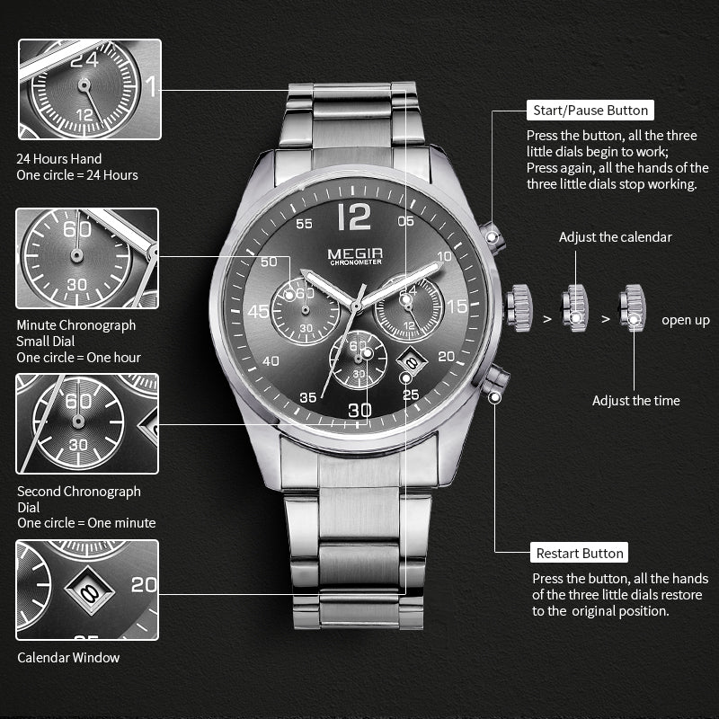MEGIR Fashion Men Watches Stainless Steel Strap Business Wristwatch Waterproof Date Quartz Man Clock Relogio Masculino 2010