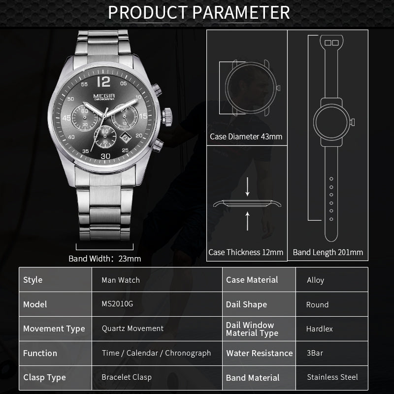 MEGIR Fashion Men Watches Stainless Steel Strap Business Wristwatch Waterproof Date Quartz Man Clock Relogio Masculino 2010