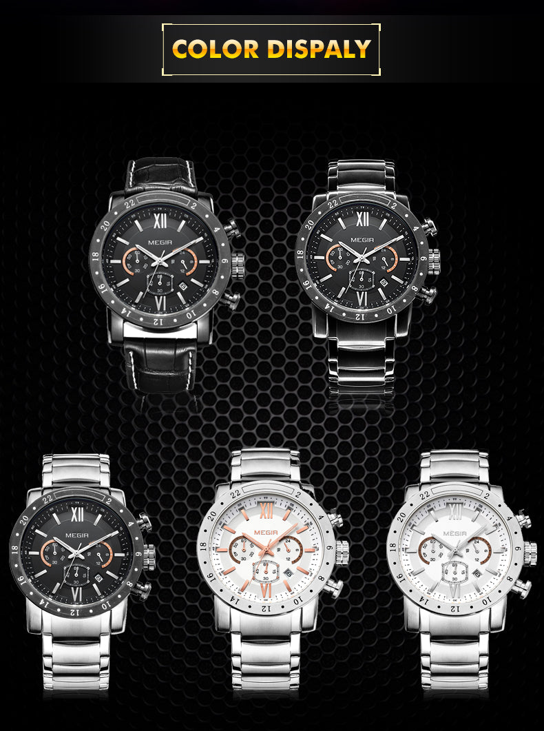 MEGIR Luxury Men's Business Watches Chronograph Waterproof Stainless Steel Quartz Watch Calendar Male Clock Reloj Hombre 3008
