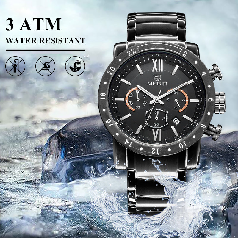 MEGIR Luxury Men's Business Watches Chronograph Waterproof Stainless Steel Quartz Watch Calendar Male Clock Reloj Hombre 3008
