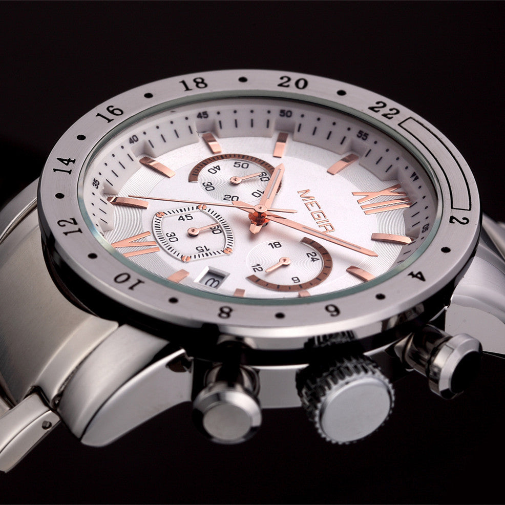 MEGIR Luxury Men's Business Watches Chronograph Waterproof Stainless Steel Quartz Watch Calendar Male Clock Reloj Hombre 3008