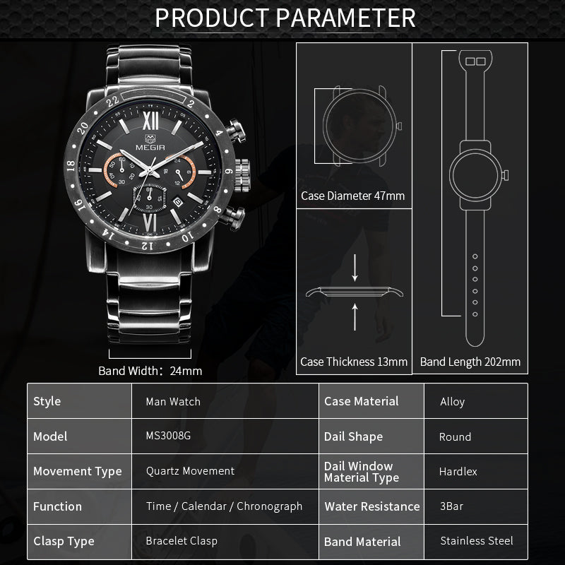 MEGIR Luxury Men's Business Watches Chronograph Waterproof Stainless Steel Quartz Watch Calendar Male Clock Reloj Hombre 3008