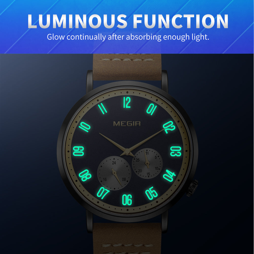 MEGIR Fashion Casual Men Watches Luxury Leather Quartz Sport Wristwatch Waterproof Luminous Clock Large Dial Relogio Masculino 1083