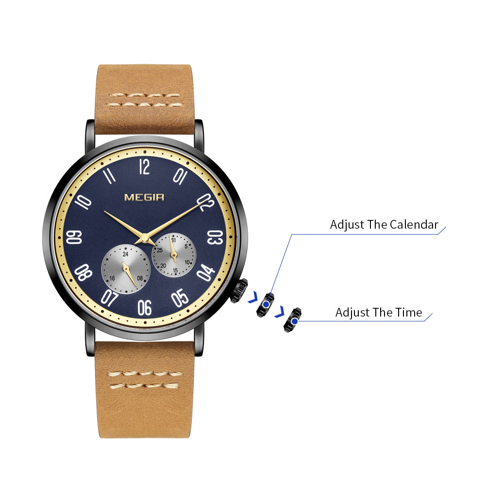 MEGIR Fashion Casual Men Watches Luxury Leather Quartz Sport Wristwatch Waterproof Luminous Clock Large Dial Relogio Masculino 1083