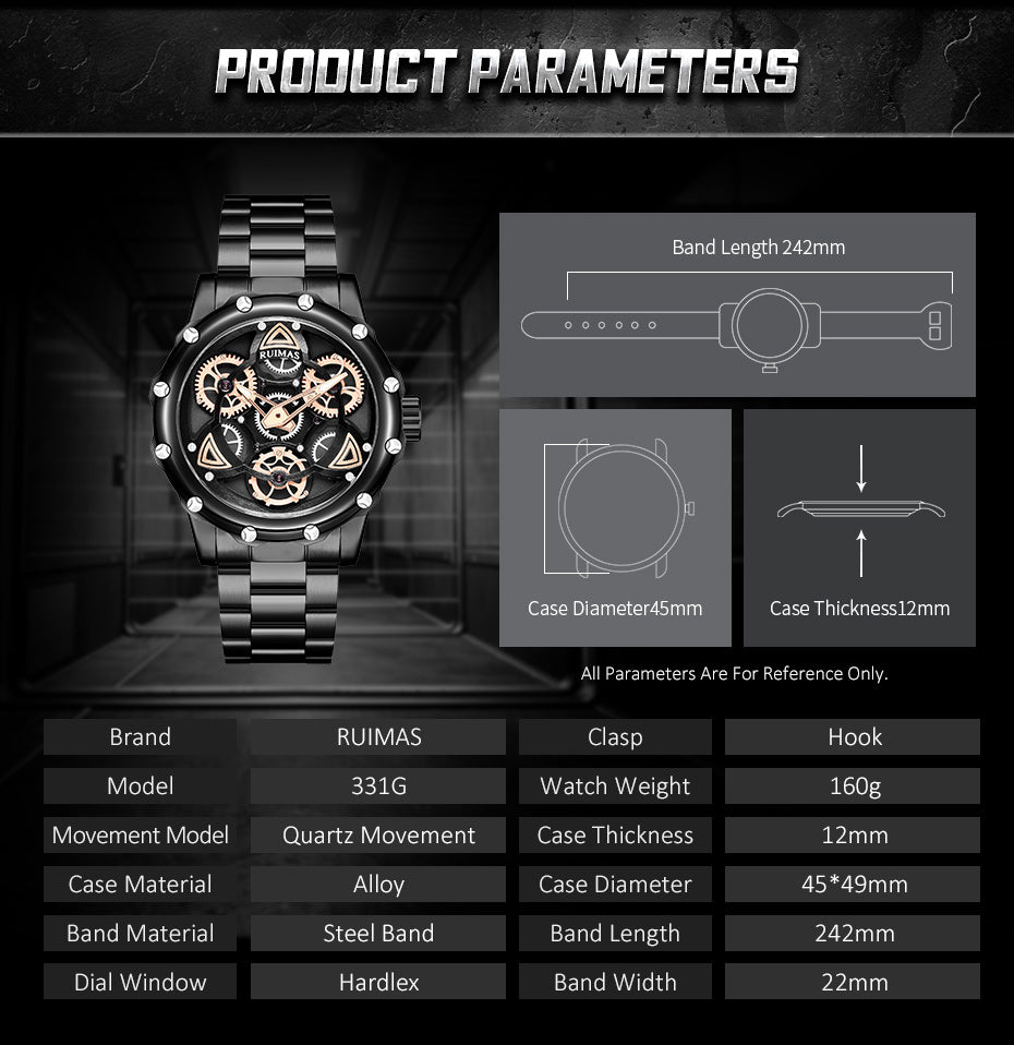 RUIMAS Quartz Watches Men's Business Wristwatch Waterproof Male Clock Chronograph Stainless Steel Casual Watch reloj hombre 331