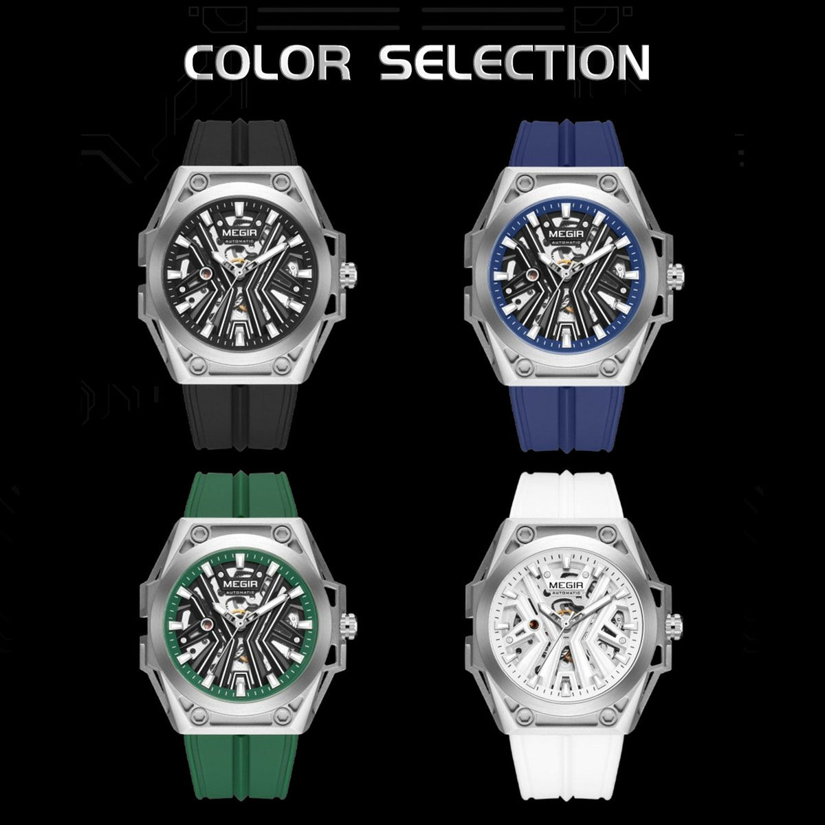 MEGIR Fashion Fully Automatic Mechanical Men's Watch Stainless Steel Case Sports Military Wristwatch Waterproof Watches Clock 8603