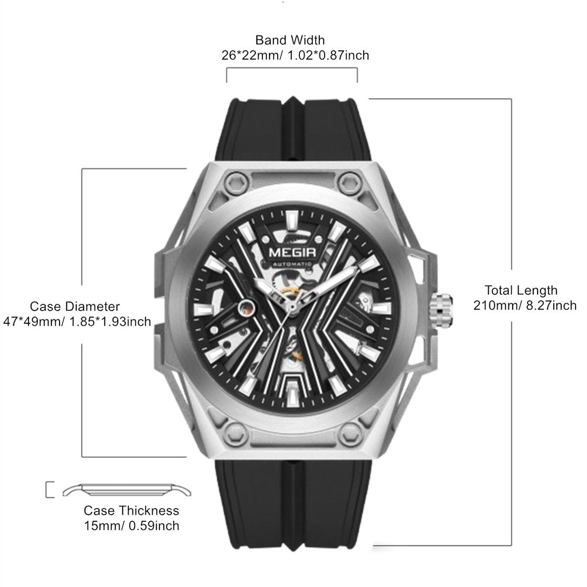 MEGIR Fashion Fully Automatic Mechanical Men's Watch Stainless Steel Case Sports Military Wristwatch Waterproof Watches Clock 8603