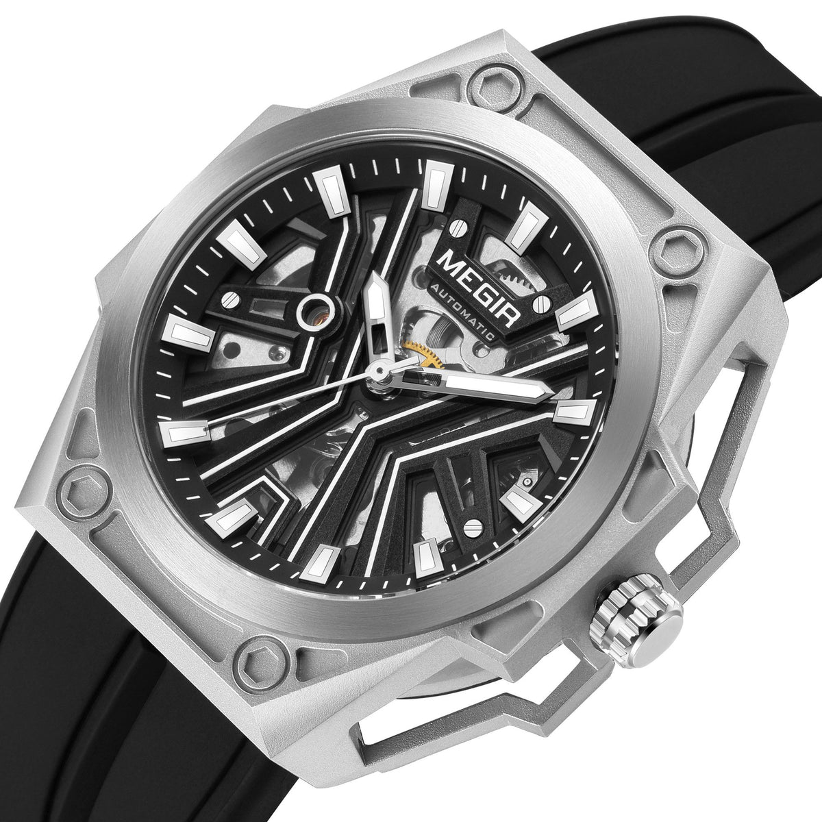 MEGIR Fashion Fully Automatic Mechanical Men's Watch Stainless Steel Case Sports Military Wristwatch Waterproof Watches Clock 8603