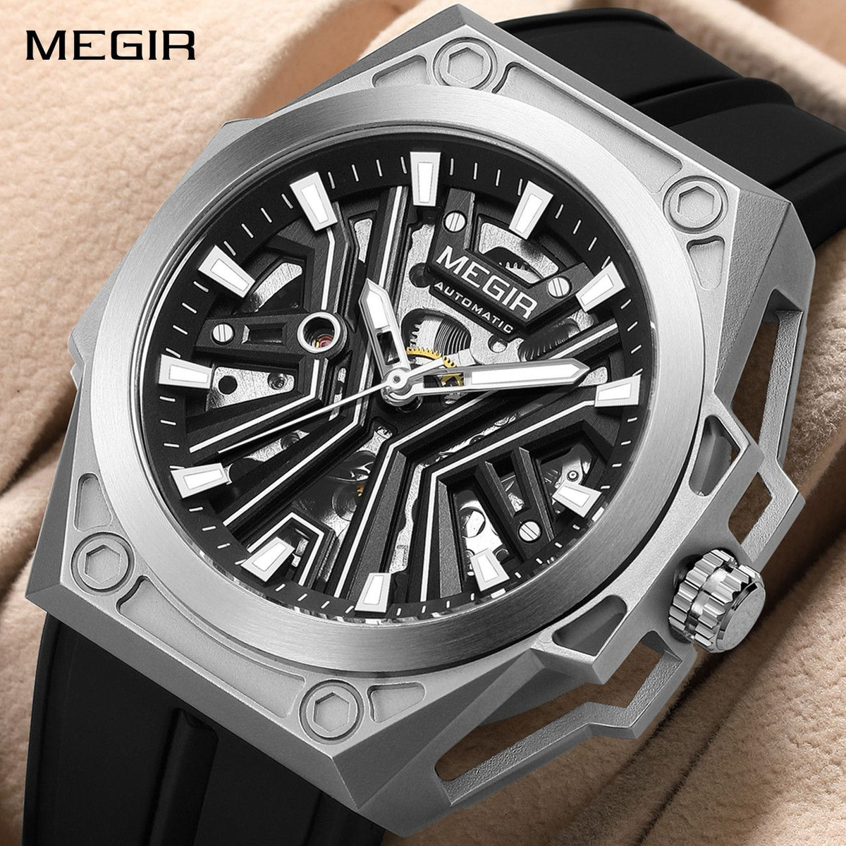 MEGIR Fashion Fully Automatic Mechanical Men's Watch Stainless Steel Case Sports Military Wristwatch Waterproof Watches Clock 8603