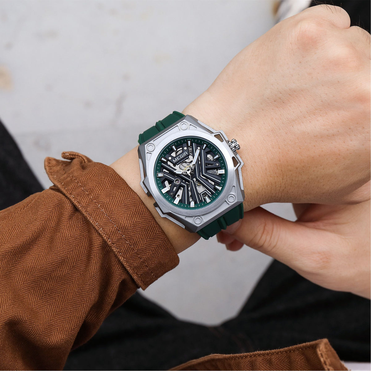 MEGIR Fashion Fully Automatic Mechanical Men's Watch Stainless Steel Case Sports Military Wristwatch Waterproof Watches Clock 8603