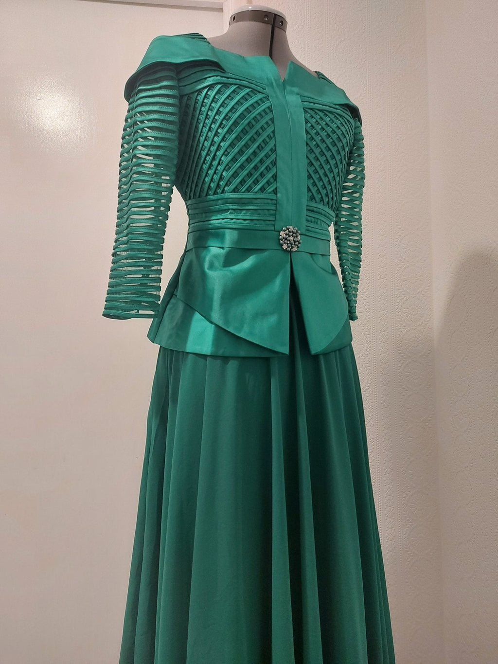 Green delicate-weave mom swing skirt suit