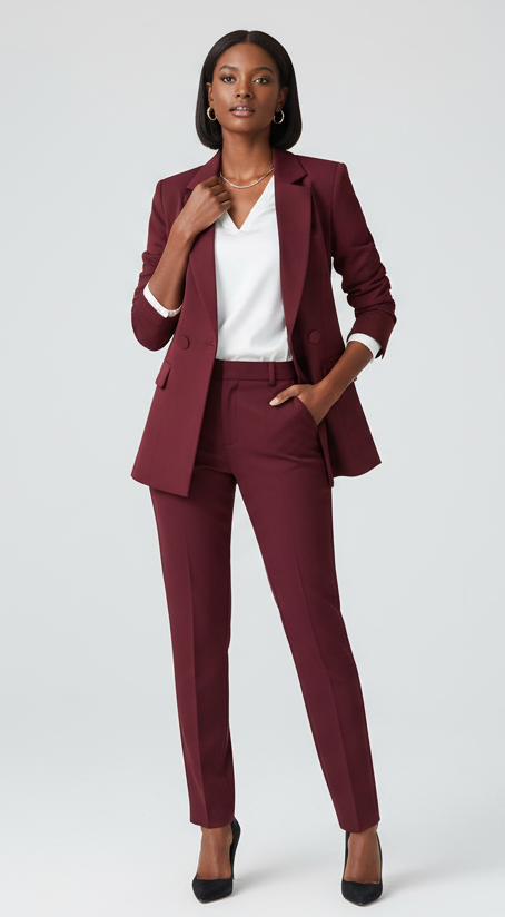 The burgundy 2-piece asymmetrical pantsuit (UK size 12)