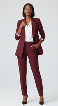 The burgundy 2-piece asymmetrical pantsuit (UK size 12)