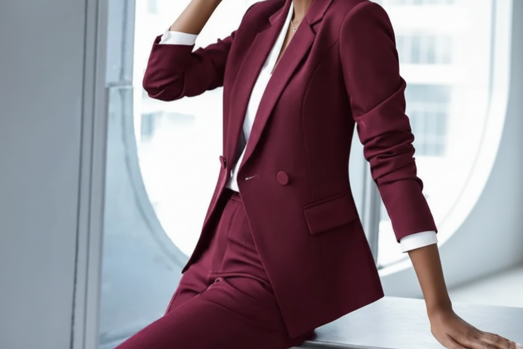 The burgundy 2-piece asymmetrical pantsuit (UK size 12)