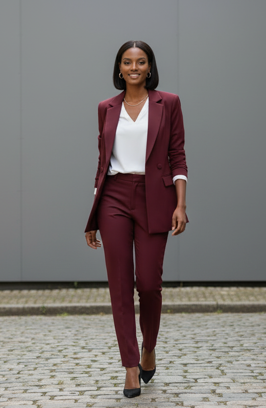 The burgundy 2-piece asymmetrical pantsuit (UK size 12)