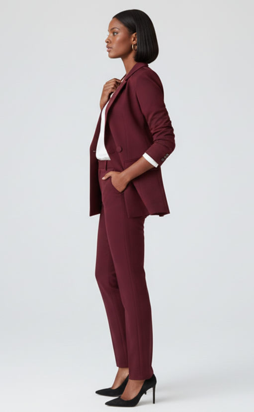 The burgundy 2-piece asymmetrical pantsuit (UK size 12)