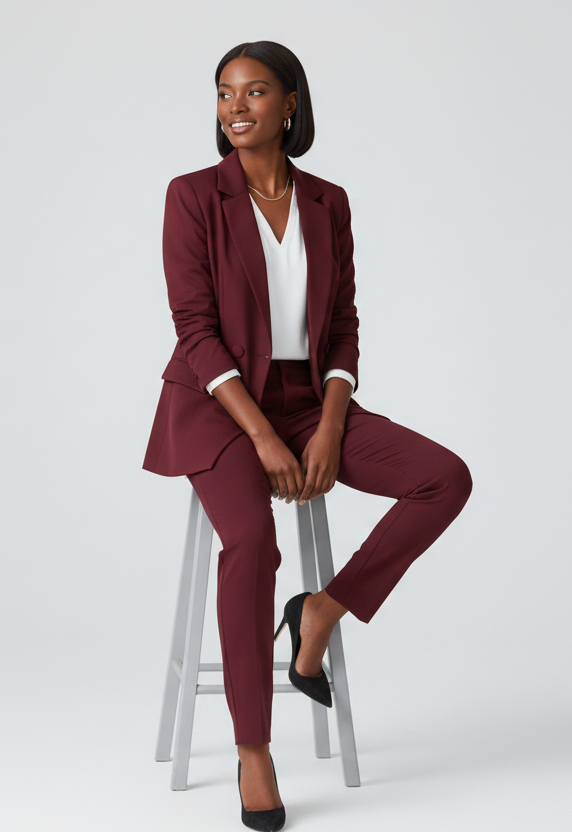 The burgundy 2-piece asymmetrical pantsuit (UK size 12)